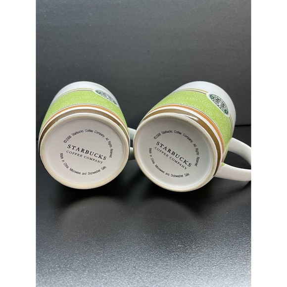 2 Starbucks Cups/ Mugs Mermaid Logo 2008 Green White Brown Orange Stripes - Picture 2 of 4